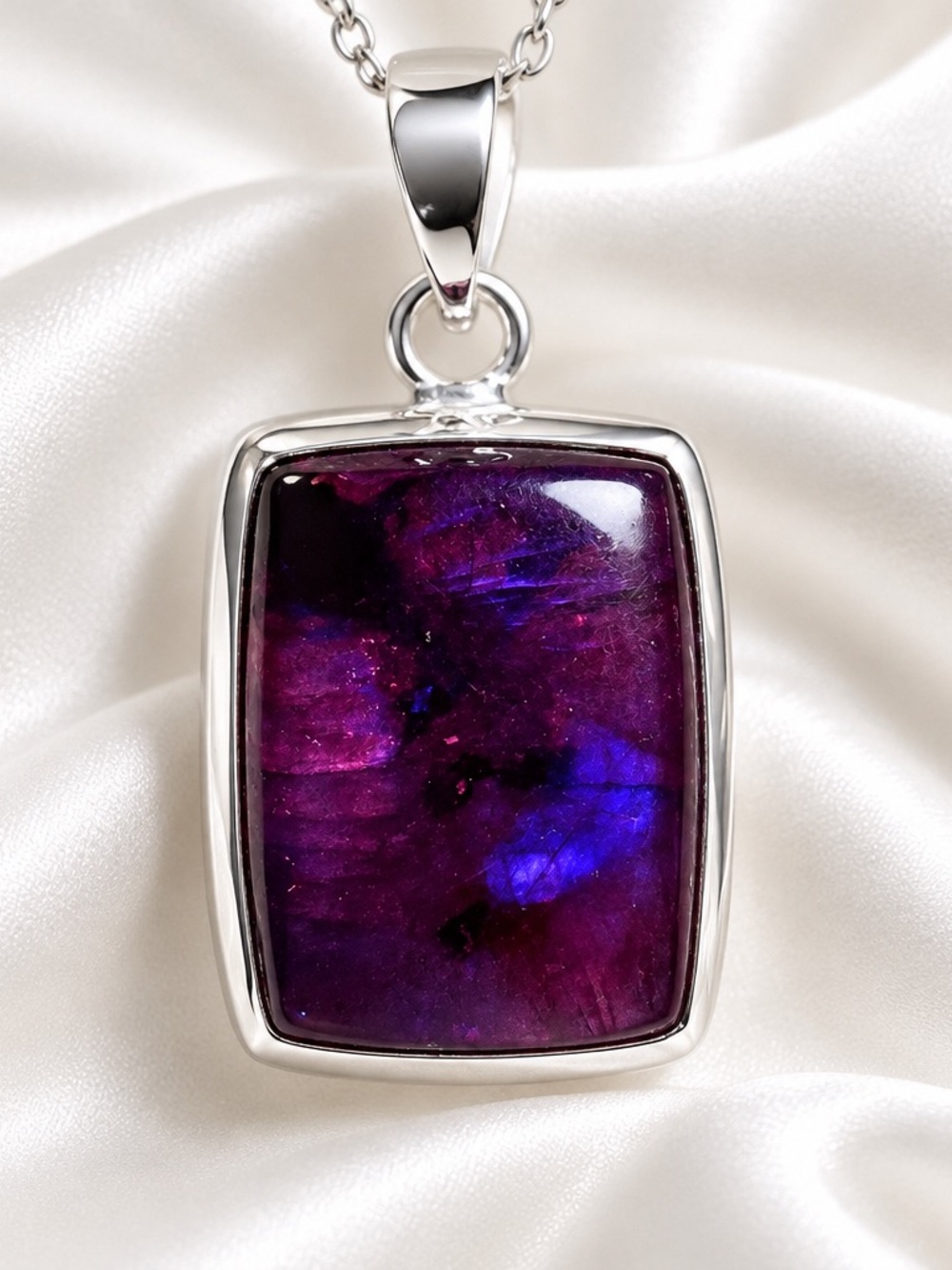 Sterling Silver Purple Labradorite Pendant with flashes of blue 1.5 inches long